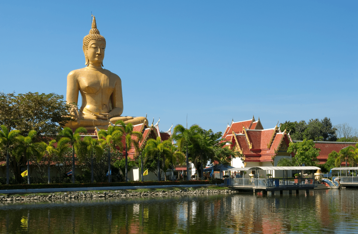 The peaceful riverside setting of Wat Phikun Thong on the banks of the Noi River, Sing Buri