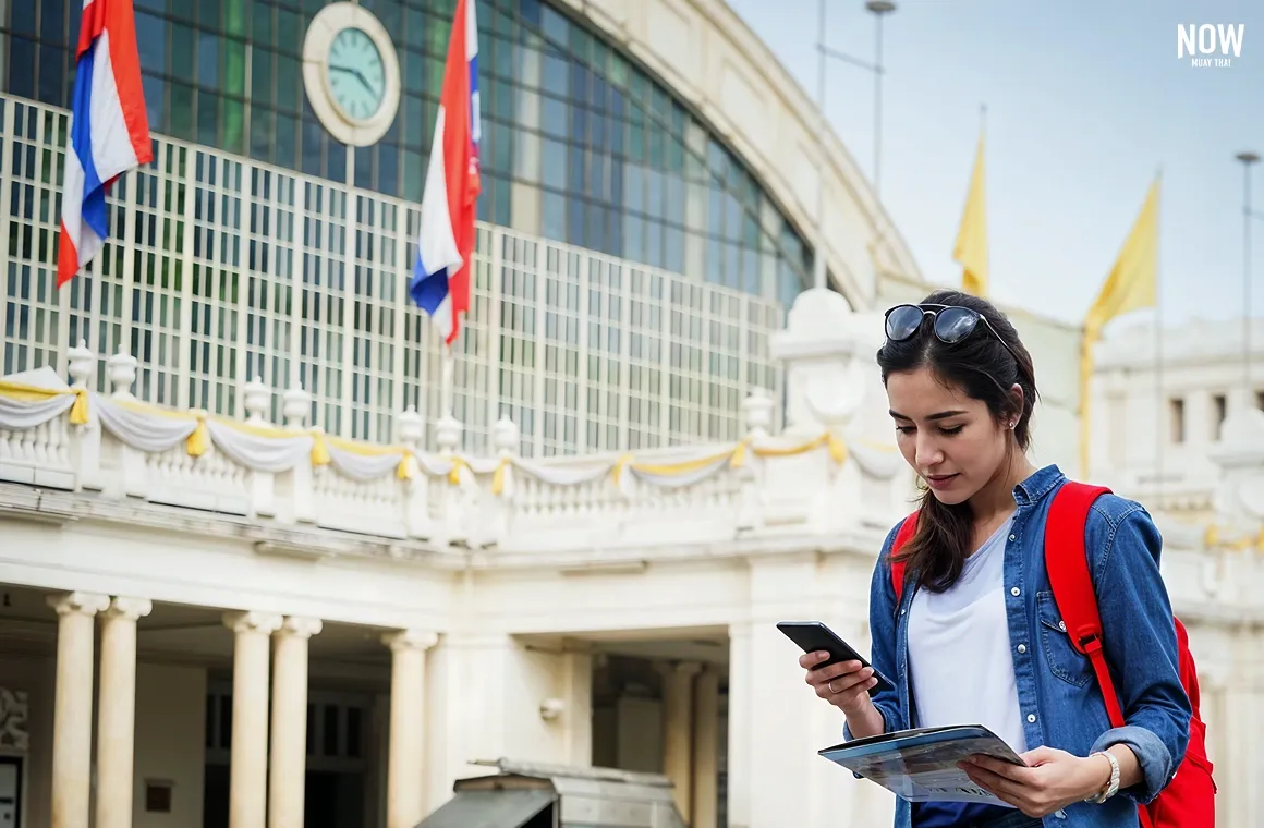 A woman stands in front of Hua Lamphong Railway Station in Bangkok, planning her train journey to Udon Thani, one of the many travel options to reach the city.