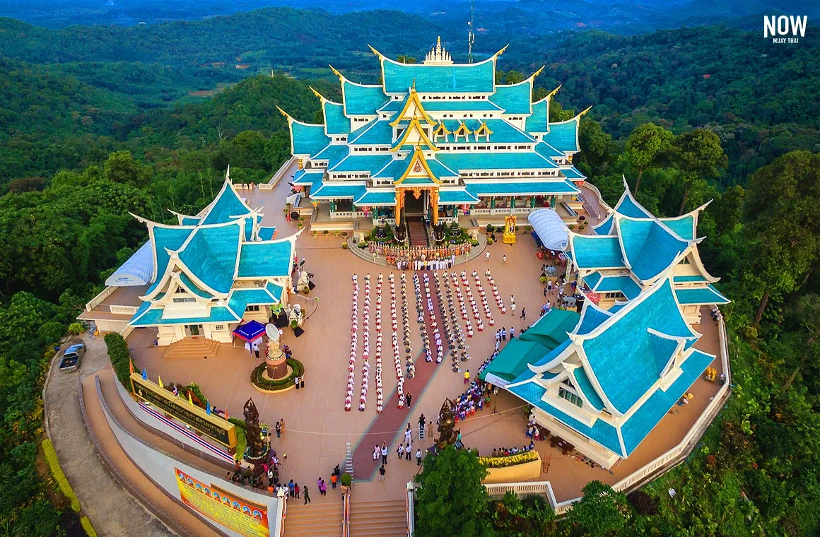 The stunning architecture of Wat Pa Phu Kon, a tranquil temple located on a mountain in Udon Thani, as seen from a bird's eye view.