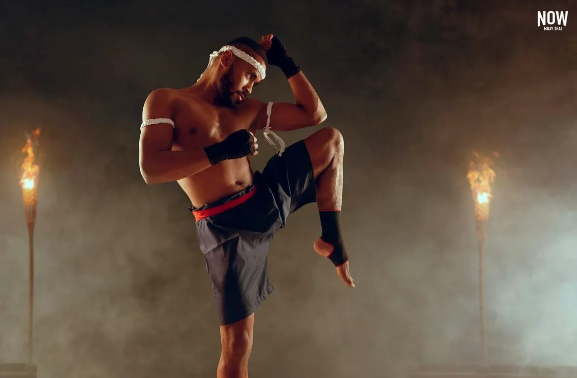 An action shot captures a male Muay Thai fighter in black shorts, showing powerful kicks and punches
