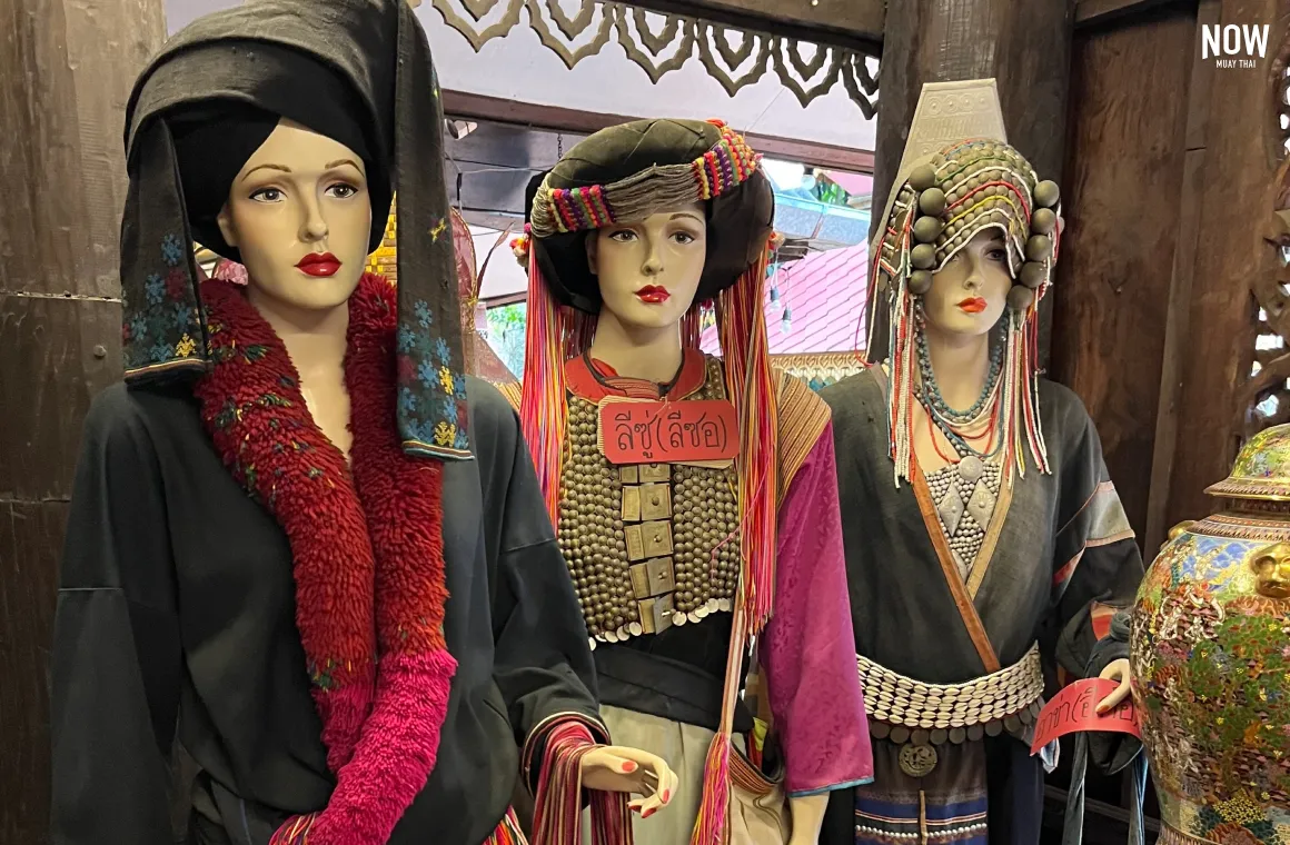 3 mannequins presenting authentic women’s clothing from Lanna Kingdom at Oub Kham Museum, Chiang Rai, Thailand, traditional Lanna artifacts, ancient textiles, cultural heritage, historical exhibition