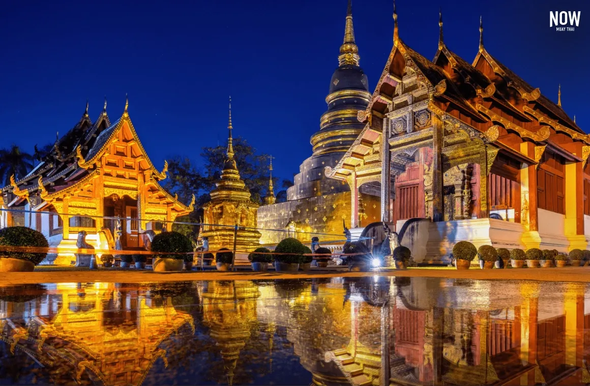 The Wat Phra Singh Temple in Chiang Mai, Thailand, lit up at night