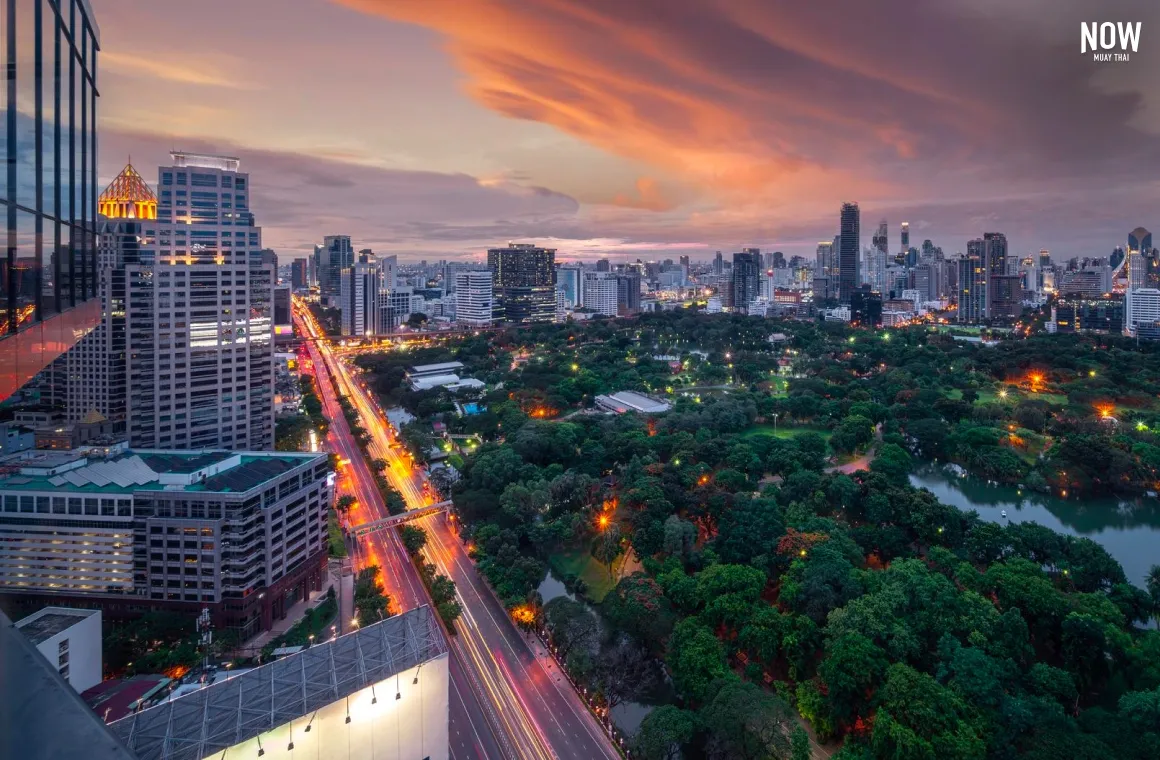 Left: night view of Bangkok cityscape with illuminated skyscrapers. Right: Lumpini Park during sunset.