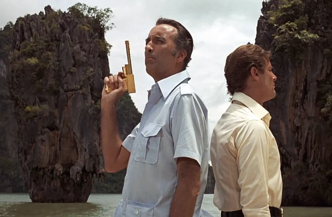 A scene from The Man with the Golden Gun (1974), capturing the iconic duel with the stunning Khao Tapu (James Bond Island) as the dramatic backdrop.