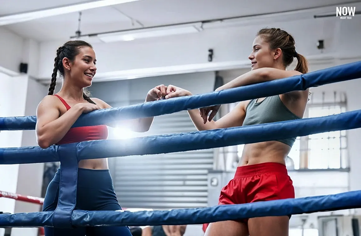 Two women stand in a boxing ring, sharing insights about their Muay Thai training session. Their conversation highlights the benefits of Muay Thai beyond just fitness, focusing on flexibility, coordination, and agility—qualities that build strength in both body and mind. Their smiles reflect the empowering and social aspects of the workout.