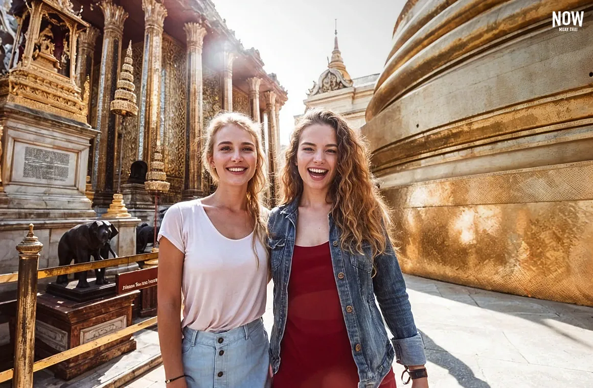 Two women explore Thailand, joyfully walking through Wat Phra Kaew in the warm sunshine. The golden temple glows behind them, reflecting the vibrant cultural beauty of their journey, as they immerse themselves in Thailand’s heritage and peaceful ambiance.