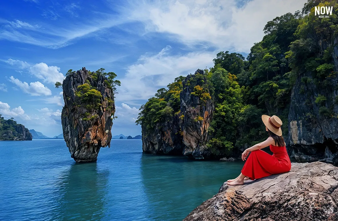 A woman enjoys the scenic view of James Bond Island (Koh Tapu) in Phang Nga Bay, surrounded by stunning natural beauty. The image invites everyone to experience Muay Thai training amidst Thailand's breathtaking landscapes.