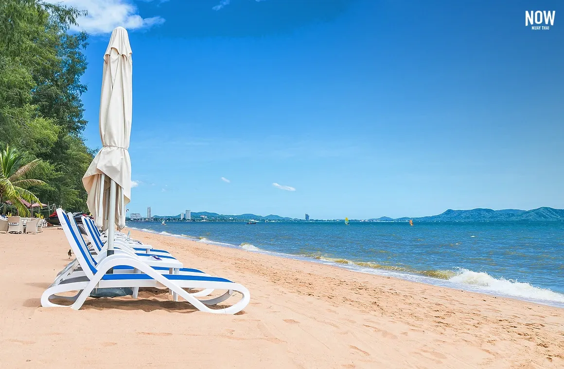 Beach chairs lined up on the golden sands of Hua Hin Beach, offering a relaxing seaside view in front of a beachfront hotel, with gentle waves in the background.
