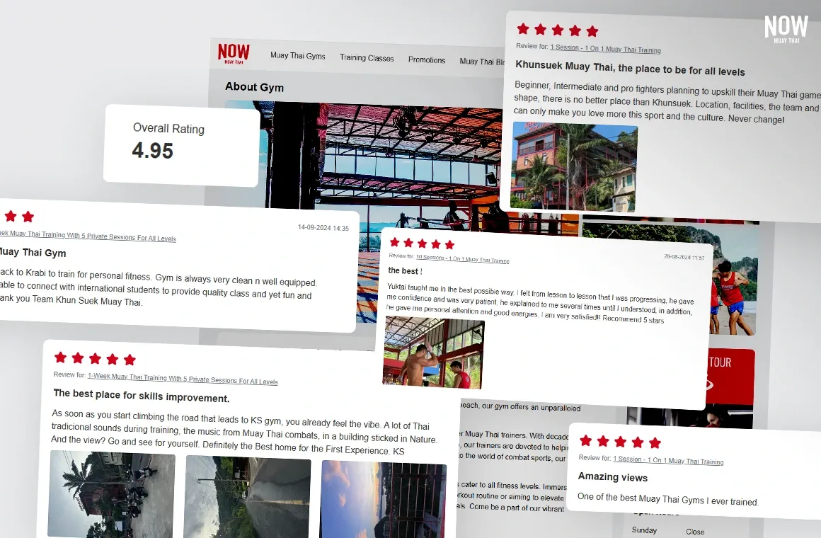 Customer reviews on nowmuaythai.com provide quick insights into class quality and gym standards, helping you save time and choose the perfect Muay Thai training experience.