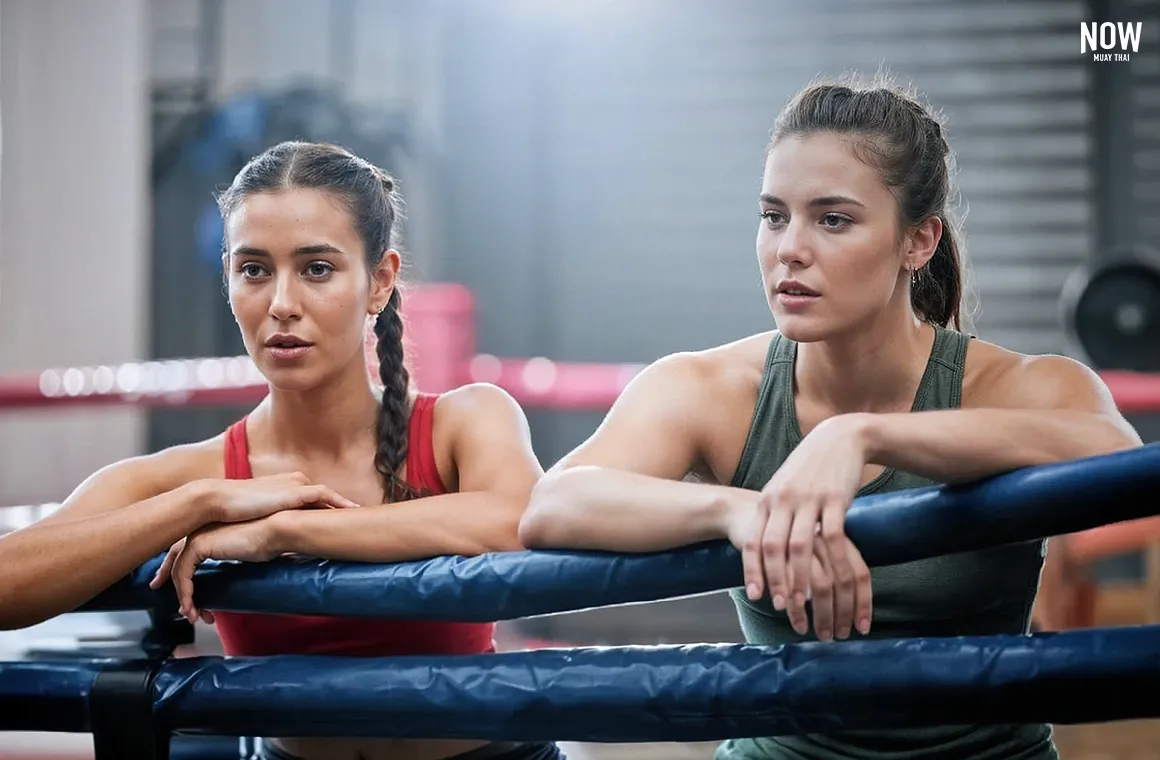 Two women contemplating their options for selecting the right Muay Thai gym in Thailand, using a checklist to align with their fitness goals, lifestyle, and travel plans. Key factors to consider include location, trainer expertise, class sizes, and amenities.