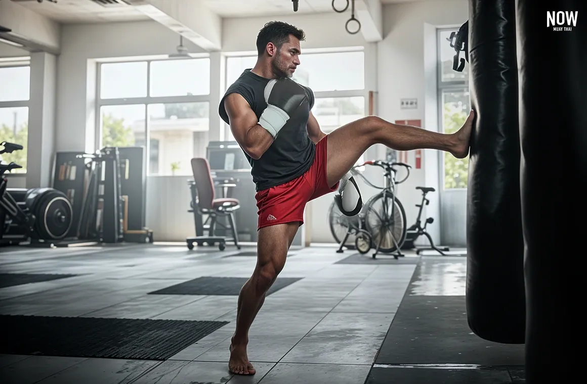 Male athlete practicing Muay Thai training by kicking a punching bag in a Muay Thai gym, showcasing strength, fitness, and combat skills in a wellness-focused workout environment.