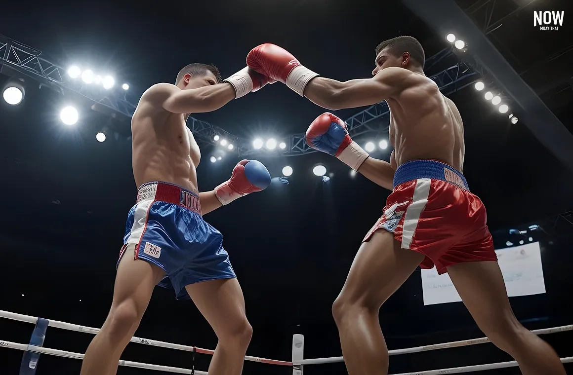 Two Muay Thai fighters battling in the ring at a boxing stadium, showcasing powerful kicks, strikes, and traditional Muay Thai techniques during a competitive match