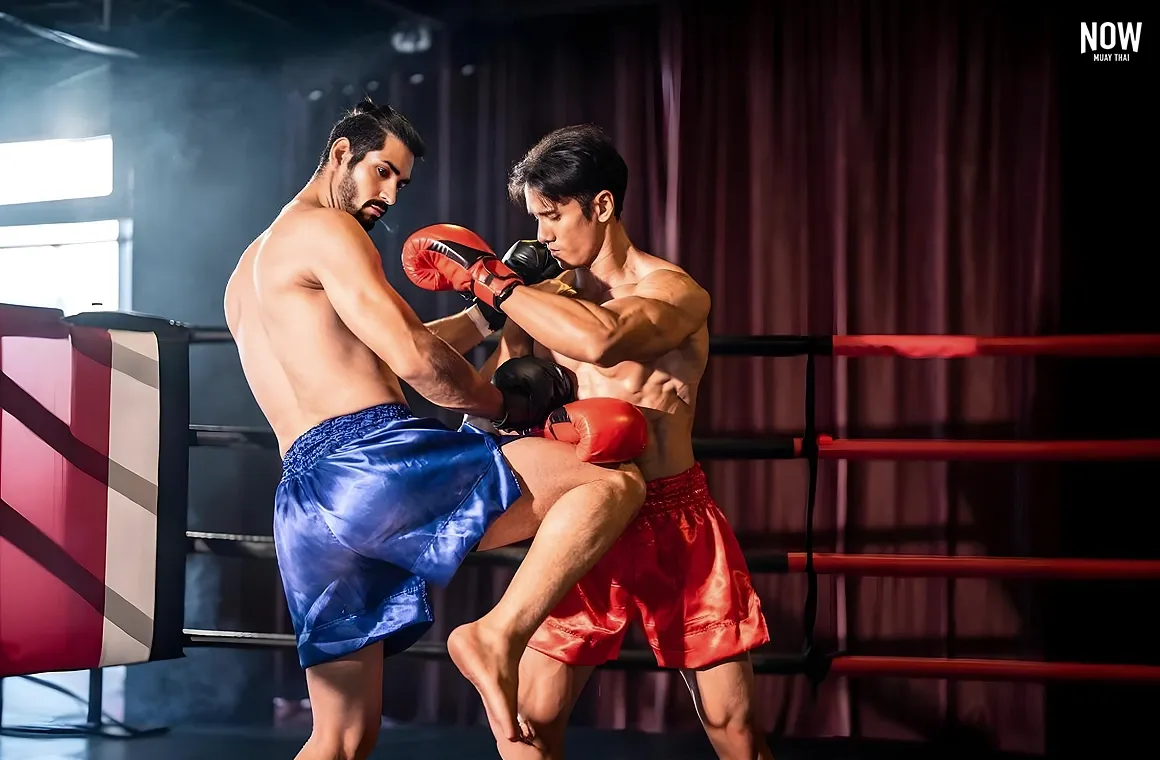 Two Muay Thai fighters engage in a dynamic display of the "Art of Eight Limbs." One fighter blocks a knee attack with his arm, while swiftly countering with a powerful left hook, demonstrating the precision, power, and strategy that make Muay Thai a unique and effective martial art.