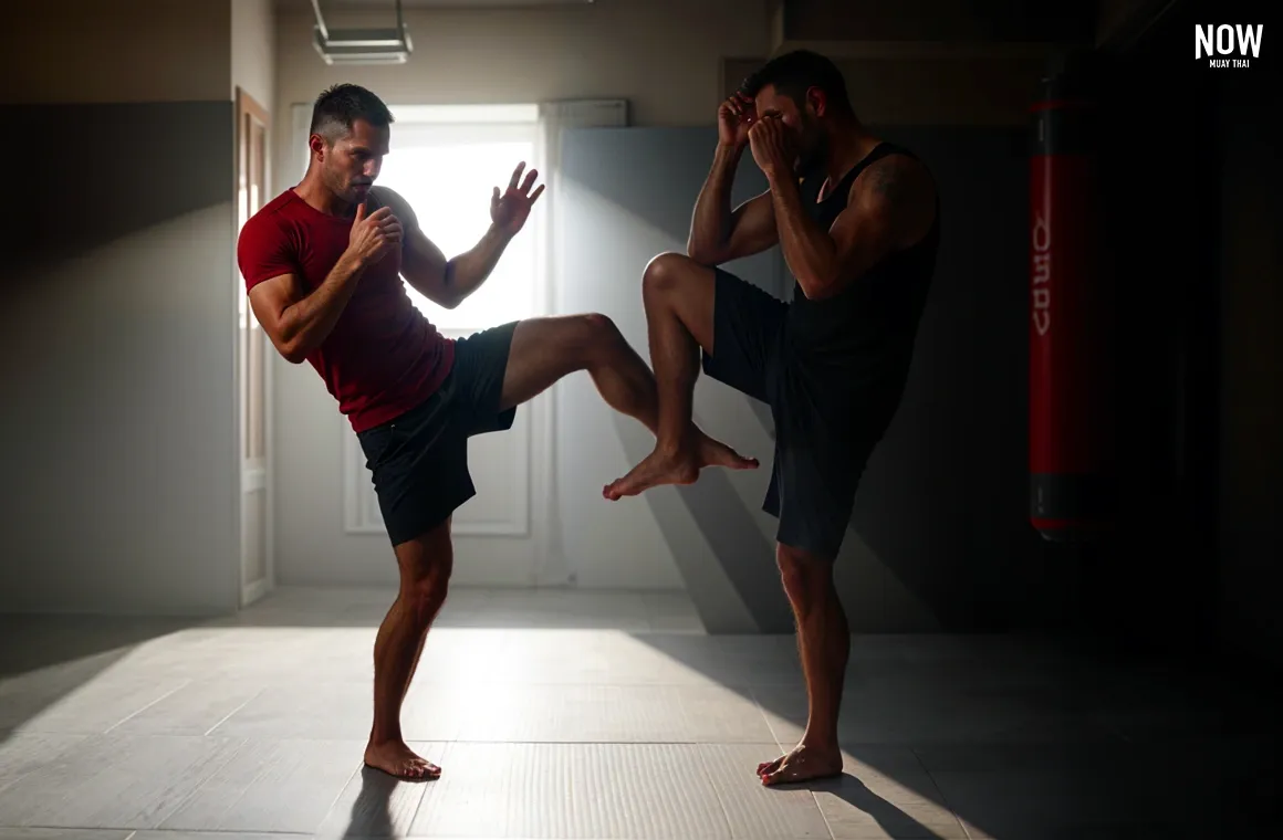 Beginner-level Muay Thai defense technique showing how to block a kick. By raising the leg to shield against incoming kicks, the practitioner effectively guards against strikes like angled or sweeping kicks. This foundational skill helps beginners develop timing and reflexes for effective kick defense.