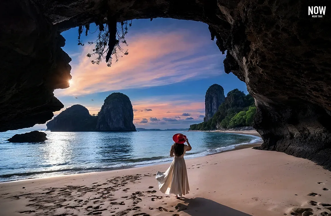 A woman walking on Railay Beach in Krabi, Thailand, during the morning, with sunlight streaming through Phra Nang Cave. The stunning natural beauty of Thailand captivates tourists from around the world, drawing them to explore its breathtaking landscapes.