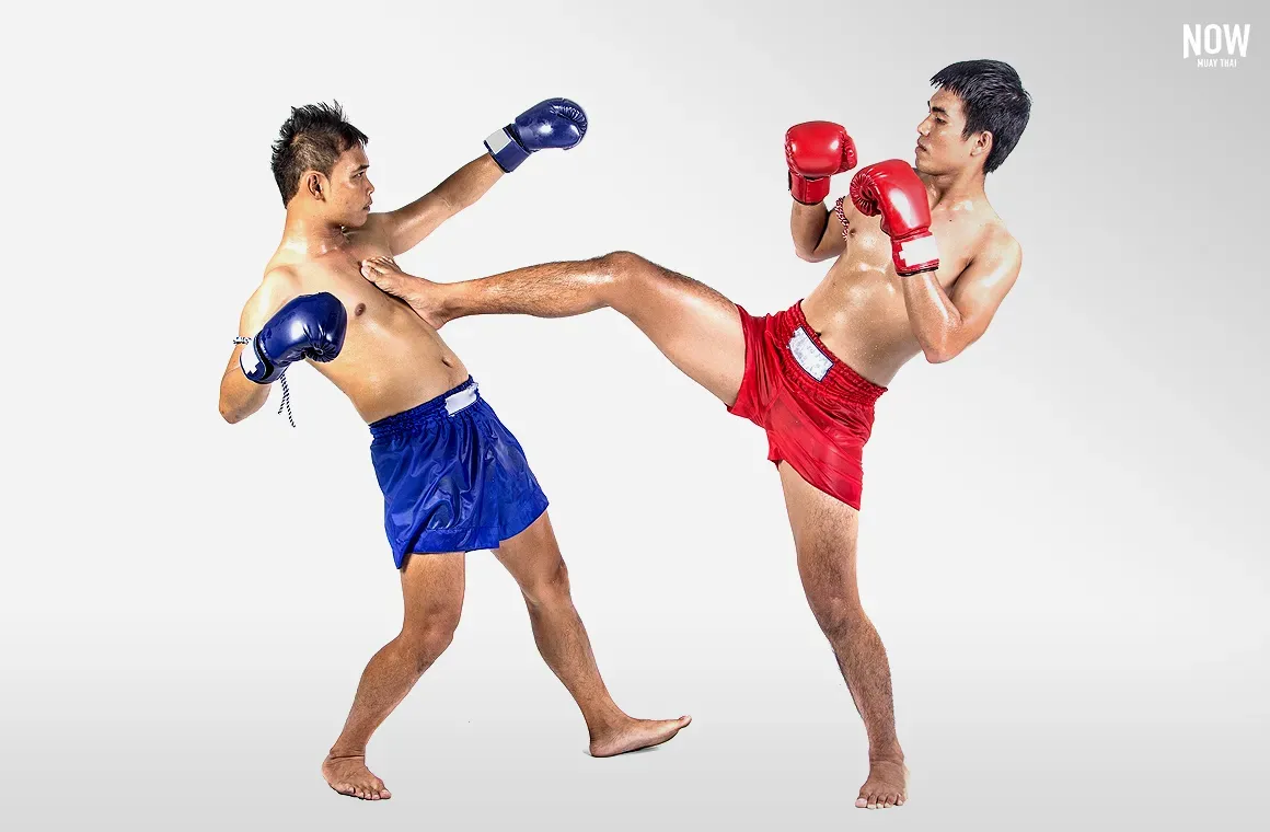 Two fighters demonstrate the teep (push kick), a Muay Thai technique used to maintain distance, stop an opponent's forward movement, and push them off balance, creating an opportunity to escape or follow up with other strikes.