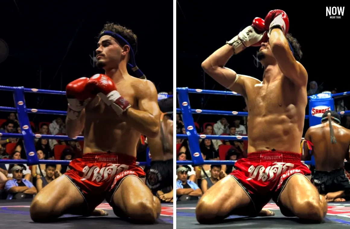 Baptiste performed the traditional Wai Khru ritual before his fight, paying respect to his trainers, the art of Muay Thai, and the ring, as part of the sport’s rich cultural tradition.