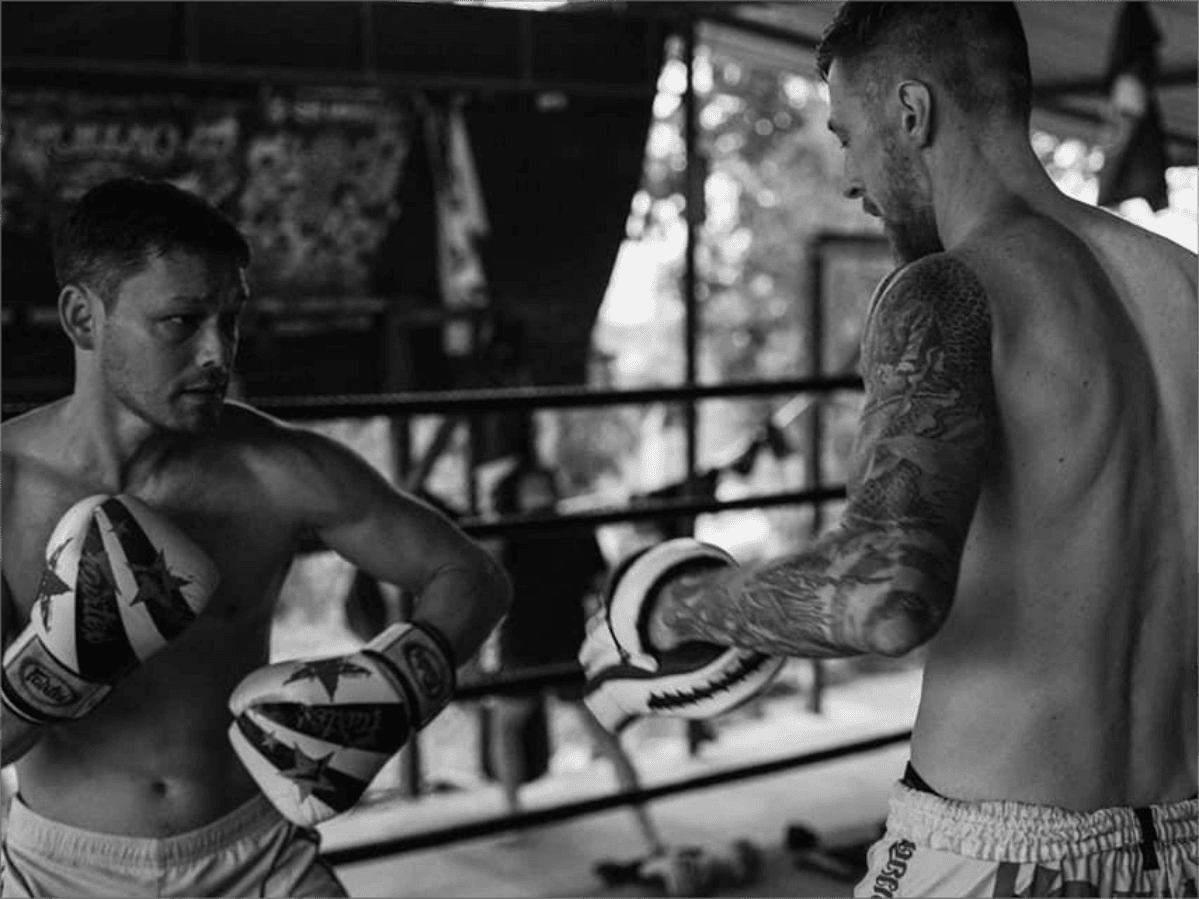 Two fighters of the Tom Muay Thai Gym in Koh Samui during a sparring match.