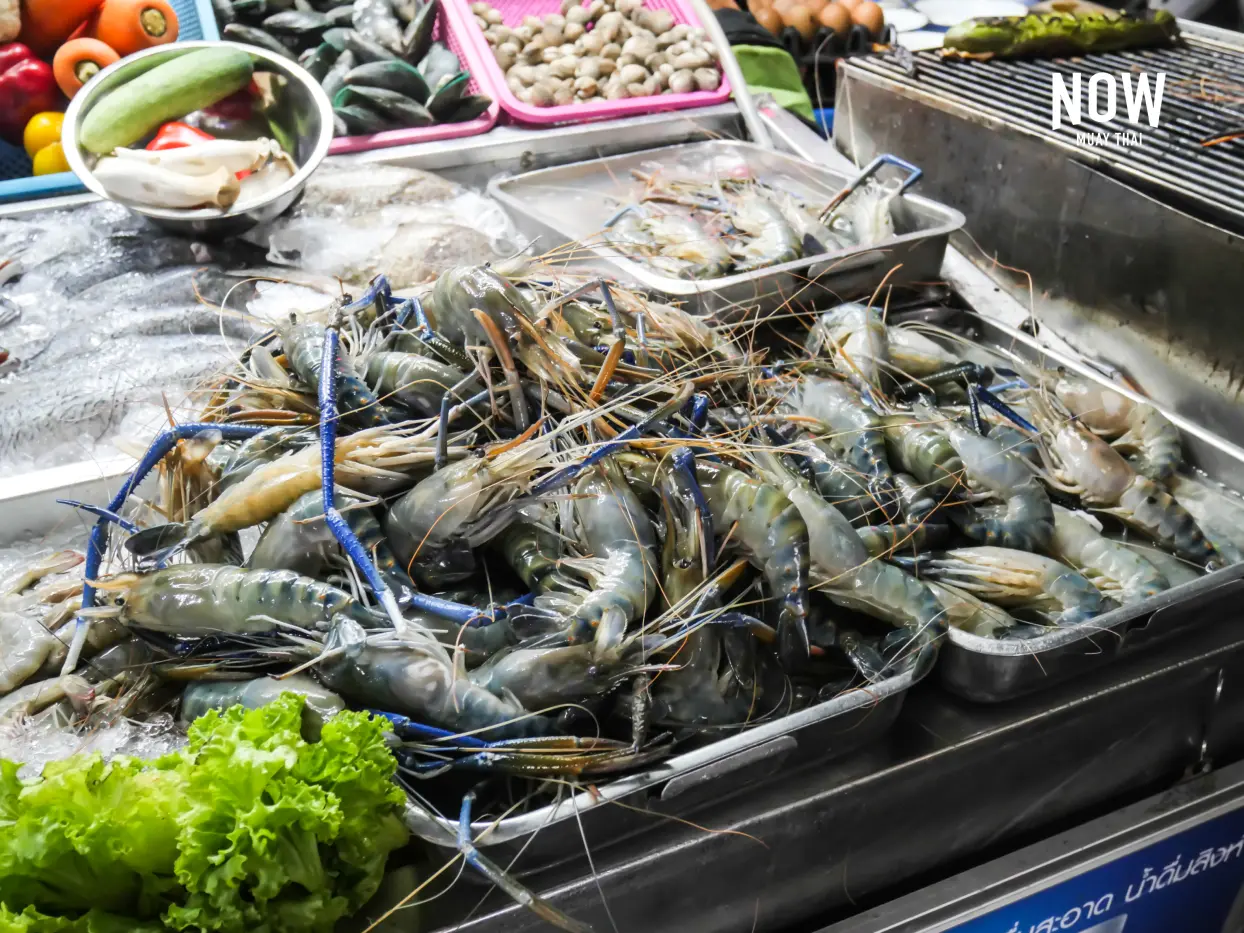 Fresh river prawns and other food at the night market in Hua Hin, Thailand