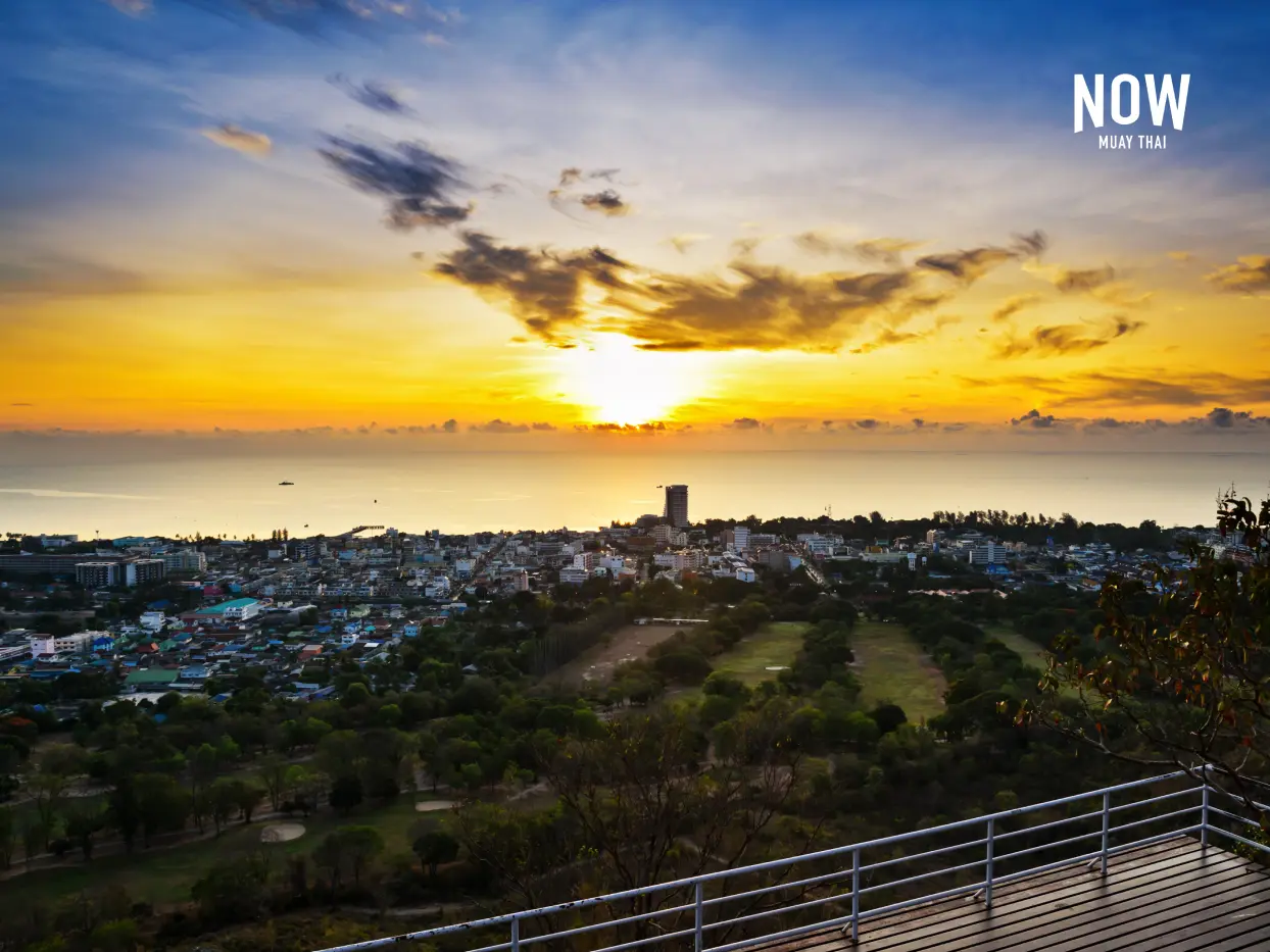 View over Hua Hin to the sea from the Khao Hin Lek Fai viewpoint at sunrise in Prachuap Khiri Khan, Thailand