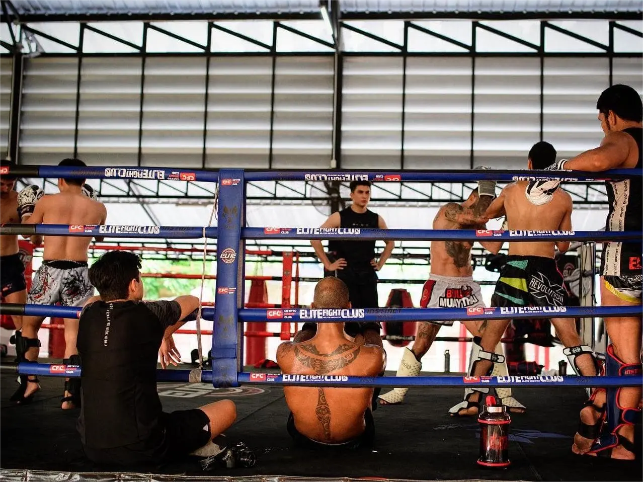 Muay Thai fighters and coaches in a boxing ring during a sparring session at the Elite Fight Club in Hua Hin.