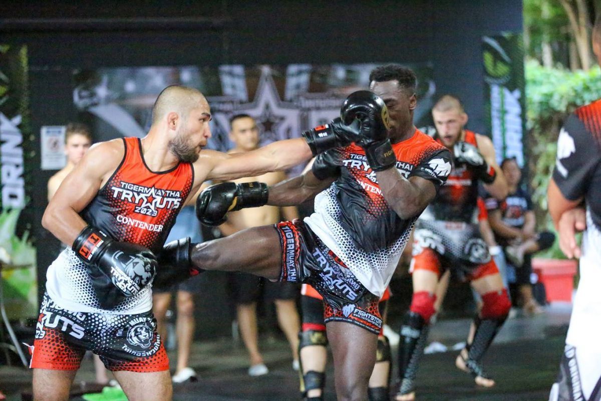 Two members of Tiger Muay Thai gym are having a sparring fight in Phuket, Thailand
https://www.nowmuaythai.com/gym/tiger-muay-thai#gallery-3
